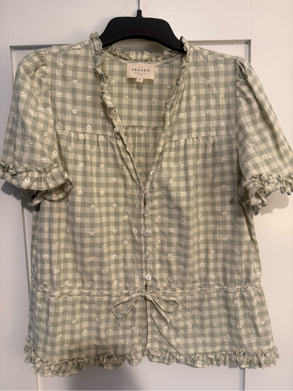 Sezane Sage Green Gingham Ruffle Button Blouse